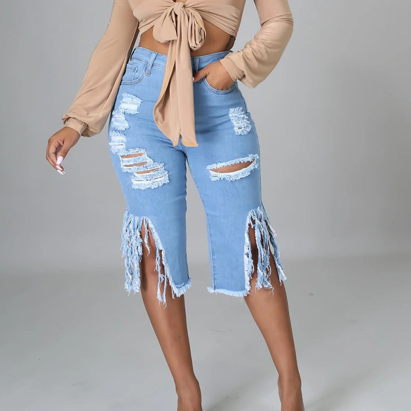 Stretch Fringe Ripped Women's Denim Pants