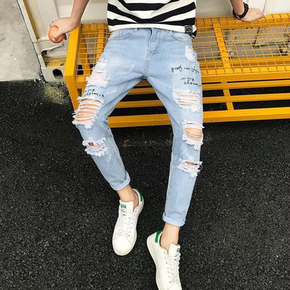 Wide-hole jeans men's nine-inch pants