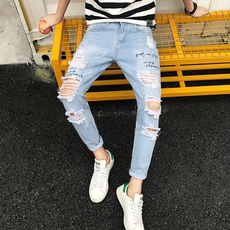 Wide-hole jeans men's nine-inch pants