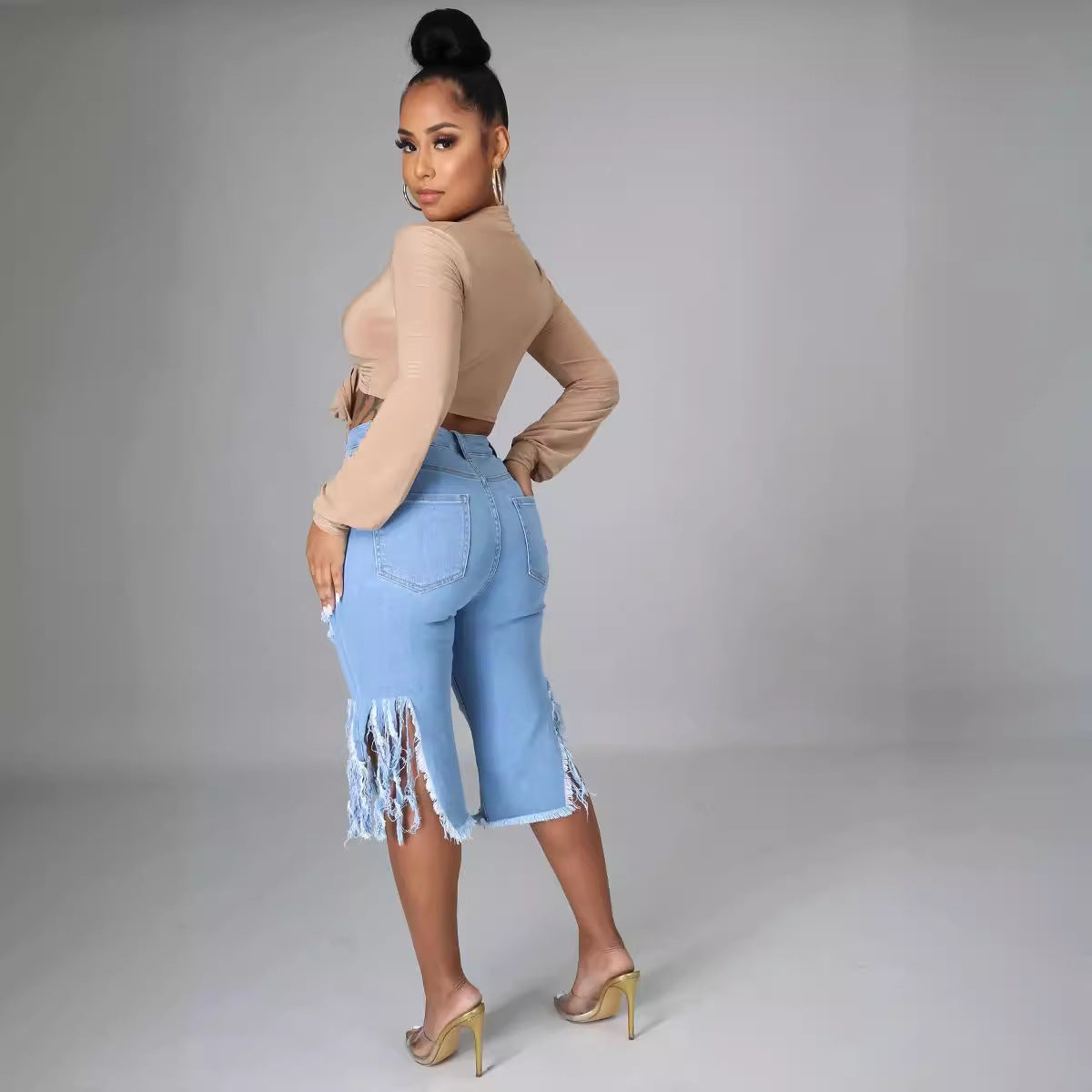 Stretch Fringe Ripped Women's Denim Pants