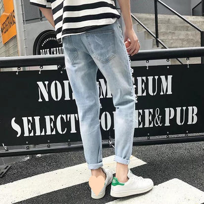 Wide-hole jeans men's nine-inch pants