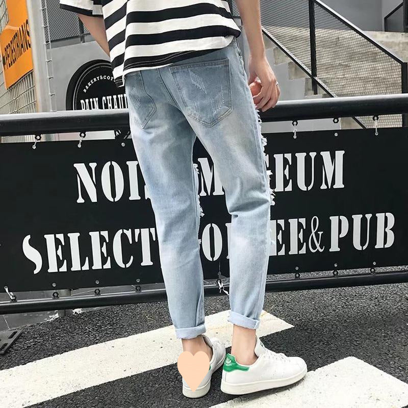 Wide-hole jeans men's nine-inch pants