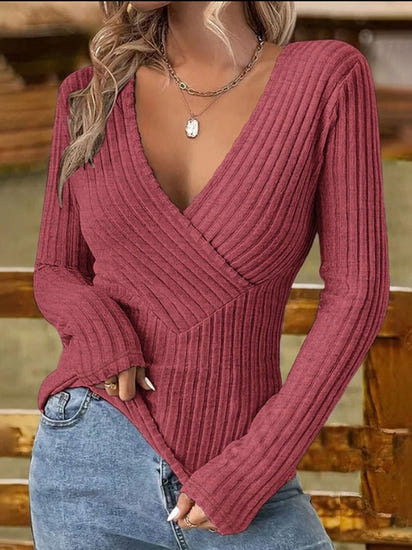 Elegant Slim Fit V-Neck Long Sleeve Women's Top