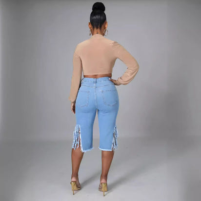 Stretch Fringe Ripped Women's Denim Pants