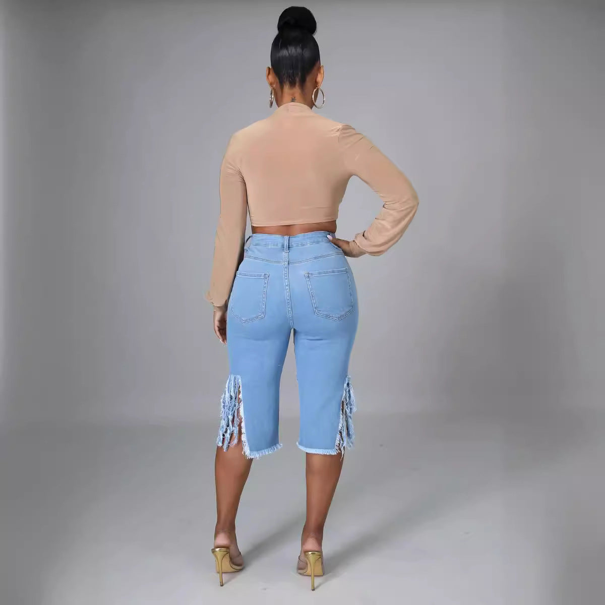 Stretch Fringe Ripped Women's Denim Pants