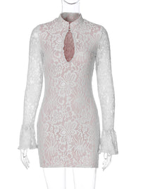 A wrap-around, trumpet-shaped sleeve dress