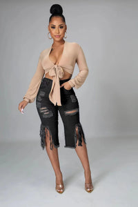 Stretch Fringe Ripped Women's Denim Pants