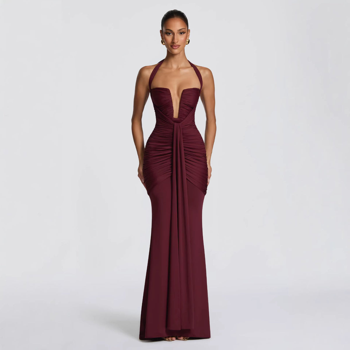 Kaya Wine Red Halter Maxi Dress