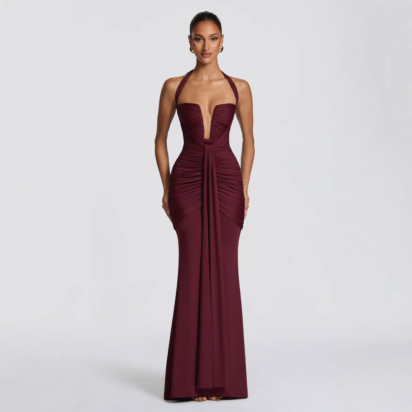Kaya Wine Red Halter Maxi Dress