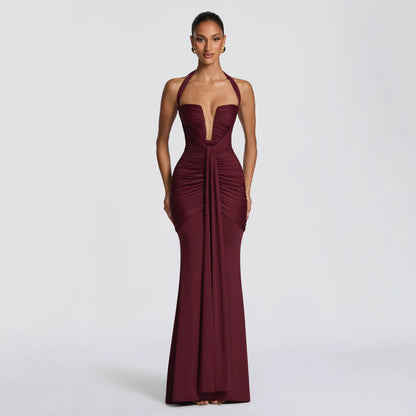 Kaya Wine Red Halter Maxi Dress