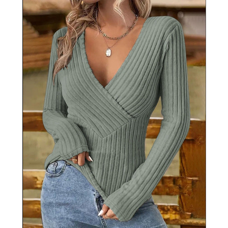 Elegant Slim Fit V-Neck Long Sleeve Women's Top