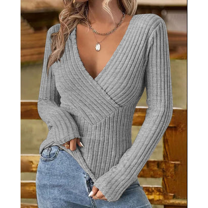 Elegant Slim Fit V-Neck Long Sleeve Women's Top
