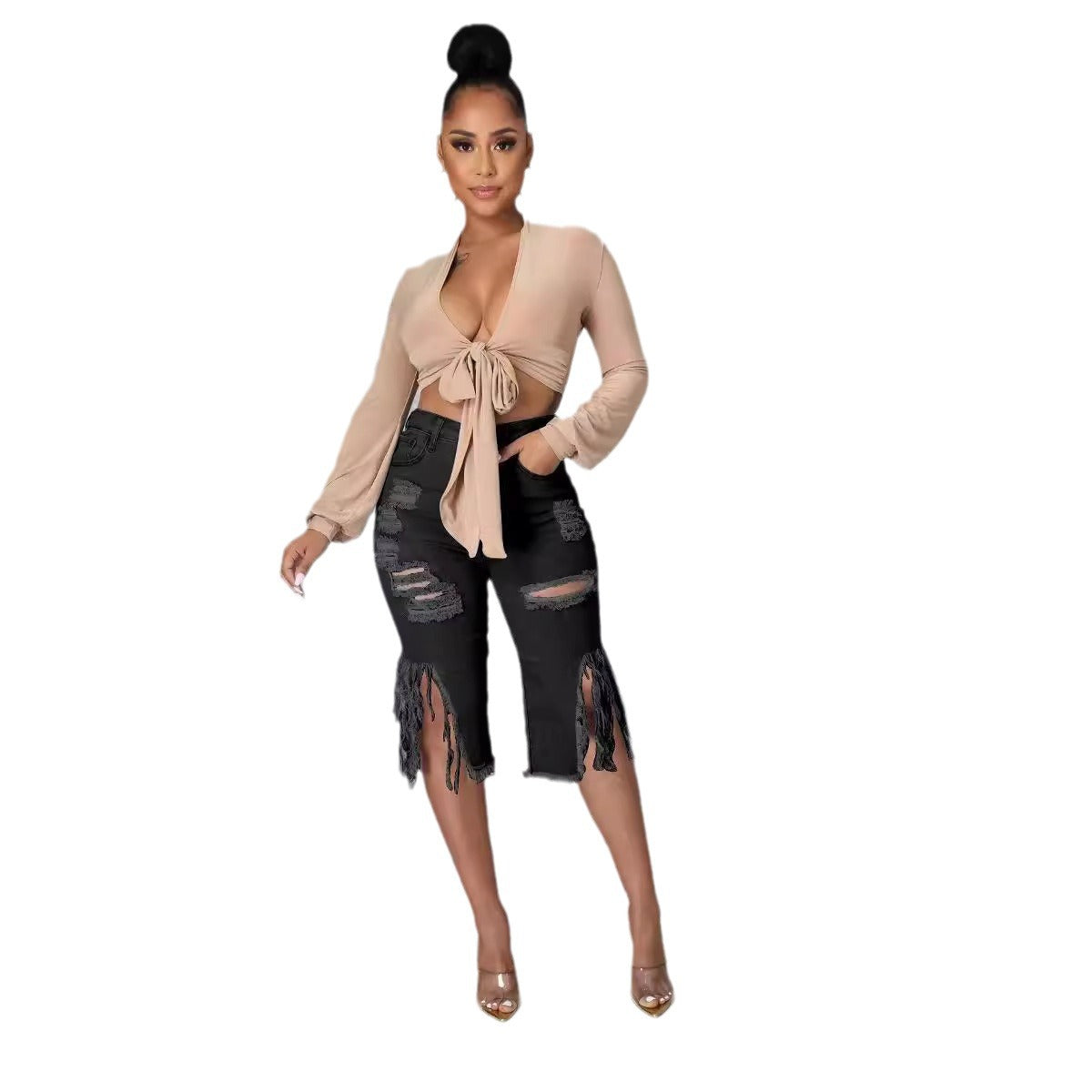 Stretch Fringe Ripped Women's Denim Pants